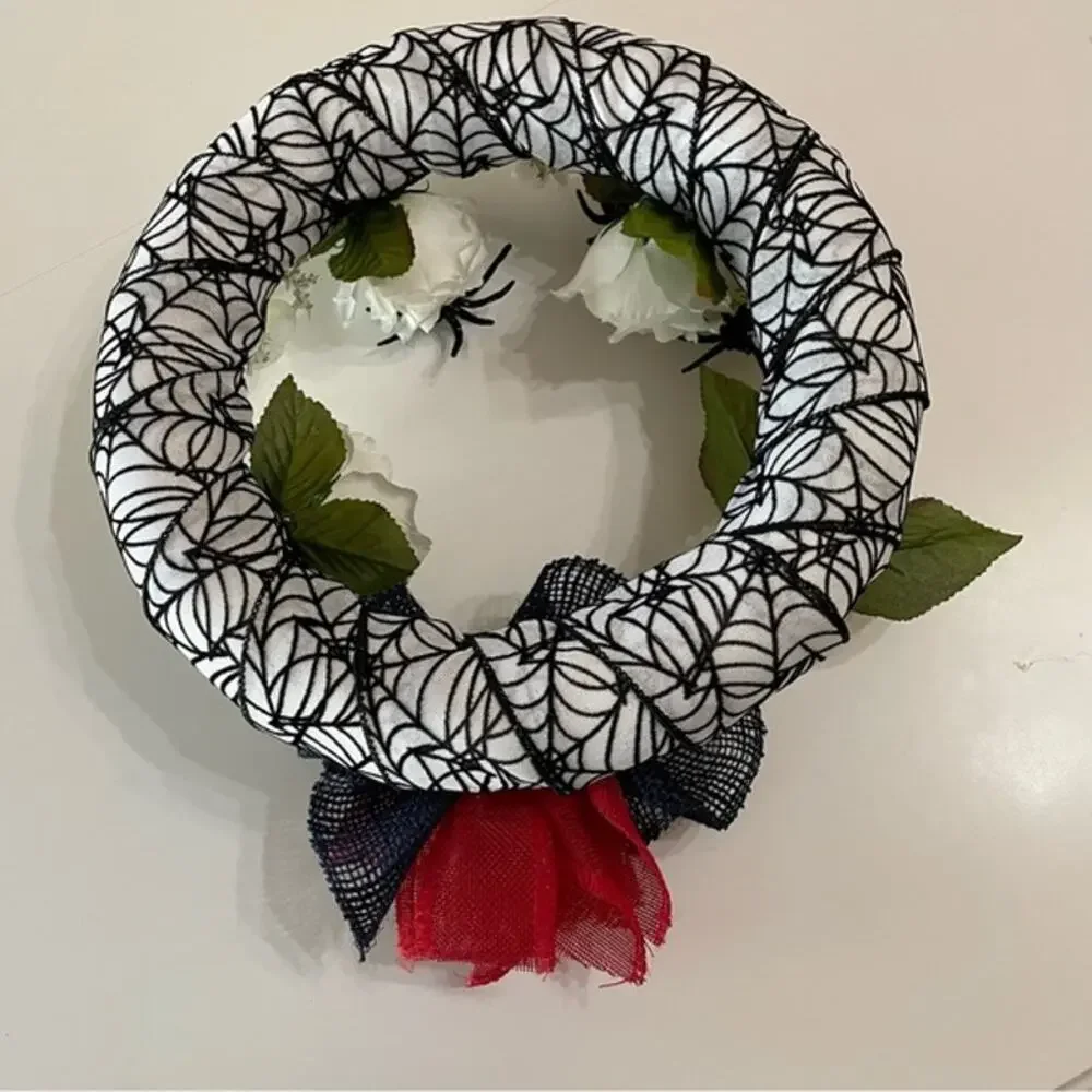 Halloween Spider Wreath White Roses Black Bow 11